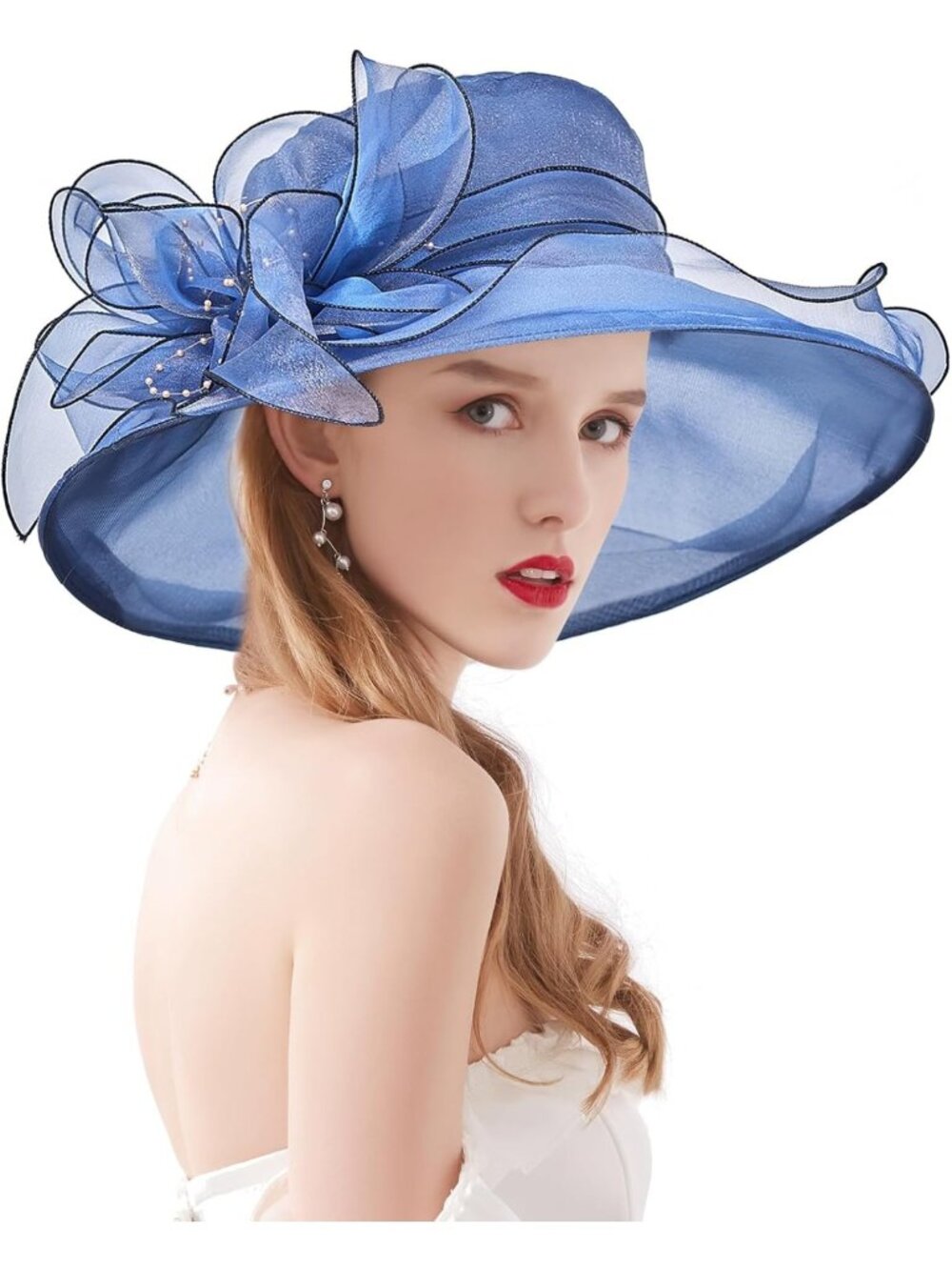 Elegant Wide Brim Organza Fascinator Hat with Flowers for Weddings & Tea Parties